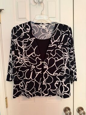 TanJay Black and White Floral Layered Career Top 3/4 sleeve petite L
